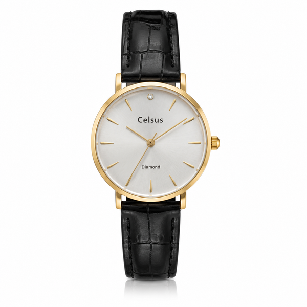 Relógio Feminino Dourado com Bracelete de Pele Preta