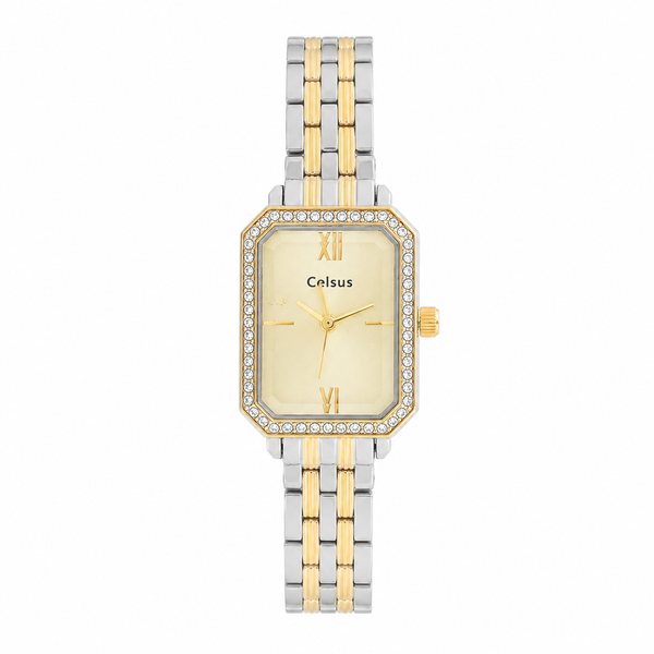 Relógio Feminino Retangular Bicolor com Mostrador Dourado