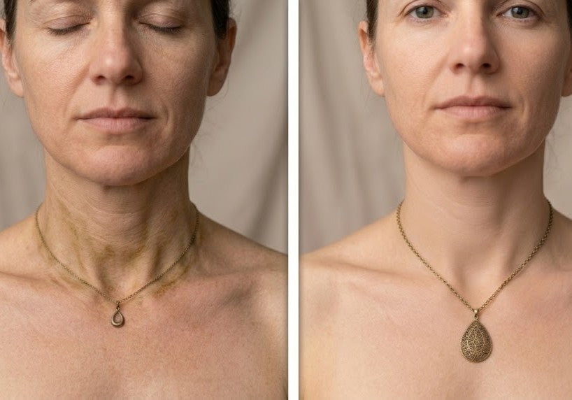 Antes e depois: pescoço com oxidação e pescoço com pele livre